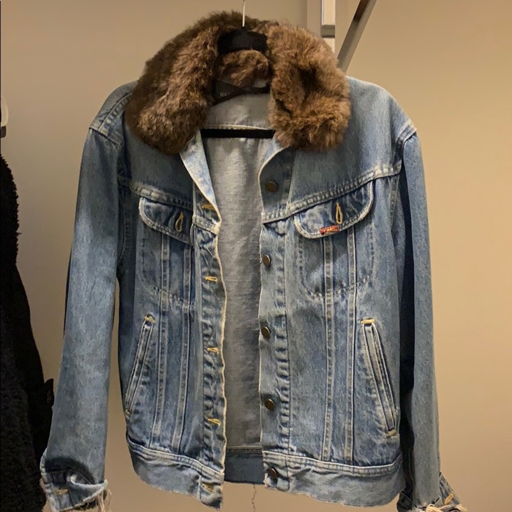 Reformation denim jean jacket  fur hood